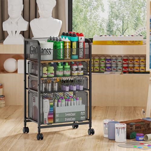 Image of 4-Tier Rolling Utility Cart with 3 Drawers-Craft Organizers and Storage with 360 Lockable Wheels,Art Supply Storage Organizer for Art Supplies, Store for Brushes & Paints & Artifacts Patent Pending