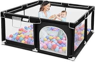 Foldable Baby Playpen with Bottom arge Baby Play Yard with Gate & 30 Balls, Indoor/Outdoor Baby Fence & Toddler Activity Center Sturdy Safety Play Pen for Babies & Kids (Black)