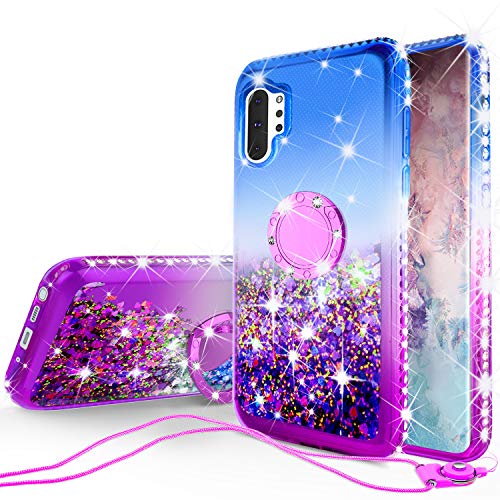 Galaxy Note 10 Case Ring Kickstand w/Tempered Glass Screen Protector Liquid Quicksand Glitter Cute Bling Girls Women Shock Proof Cases Compatible for Samsung Galaxy Note 10 - Purple/Blue