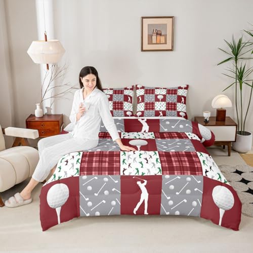 Image of Feelyou Golf Comforter Set King Size Red Plaid Buffalo Check Geometric Bedding Set for Kids Boys Girls Sports Theme Duvet Quilt Bedroom Decor Microfiber 3 Pcs with 2 Pillow Cases