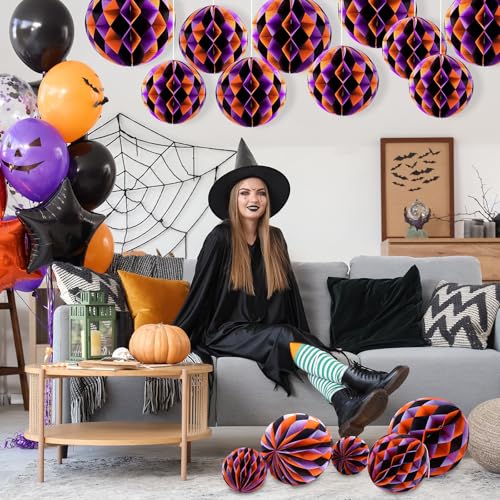Image of Dunzoom 12 Pcs Halloween Party Decorations Set 6 inch 8 inch 10 inch 12 inch Birthday Honeycomb Balls Party Decorations Purple Orange Black Hanging Round Tissue Paper Pom Poms for Halloween Garden Home Decor