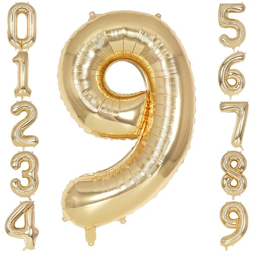 Image of Champagne Gold Large Number 9 Balloon, 40 Inch Light Gold Foil Helium Number Balloons, Giant Mylar Number 9 Balloons for 9 Years Old Birthday Party Anniversary Decorations