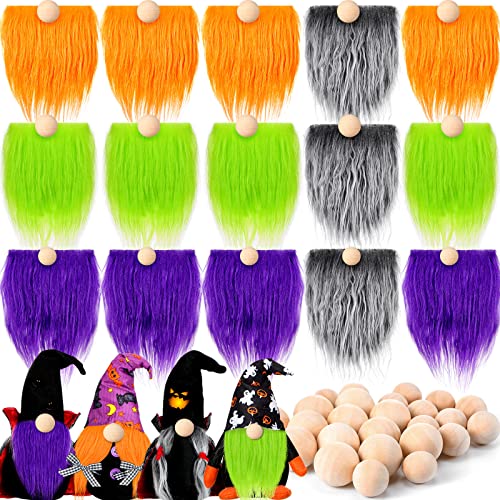 Tudomro 15 Pcs Gnome Beards for Crafts Valentine's Day Faux Fur Fabric Precut Gnomes Beards Handmade 30 Pcs Wood Balls for Christmas Halloween Easter Independence Day(Orange, Green, Purple, Gray)