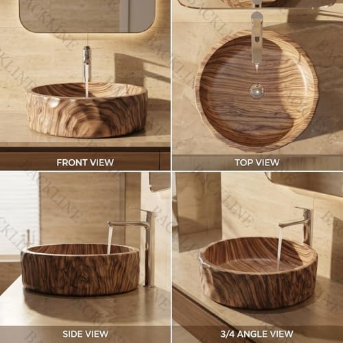 Image of Backline Basin For Bathroom | Countertop Wash Basin (40 x 40 x 13.5 Cm) | Ceramic Bathroom Sink | Table Top Basin | Scratch & Stain Resistant Easy to Clean | Modern Luxury Basin (Wooden Finish)