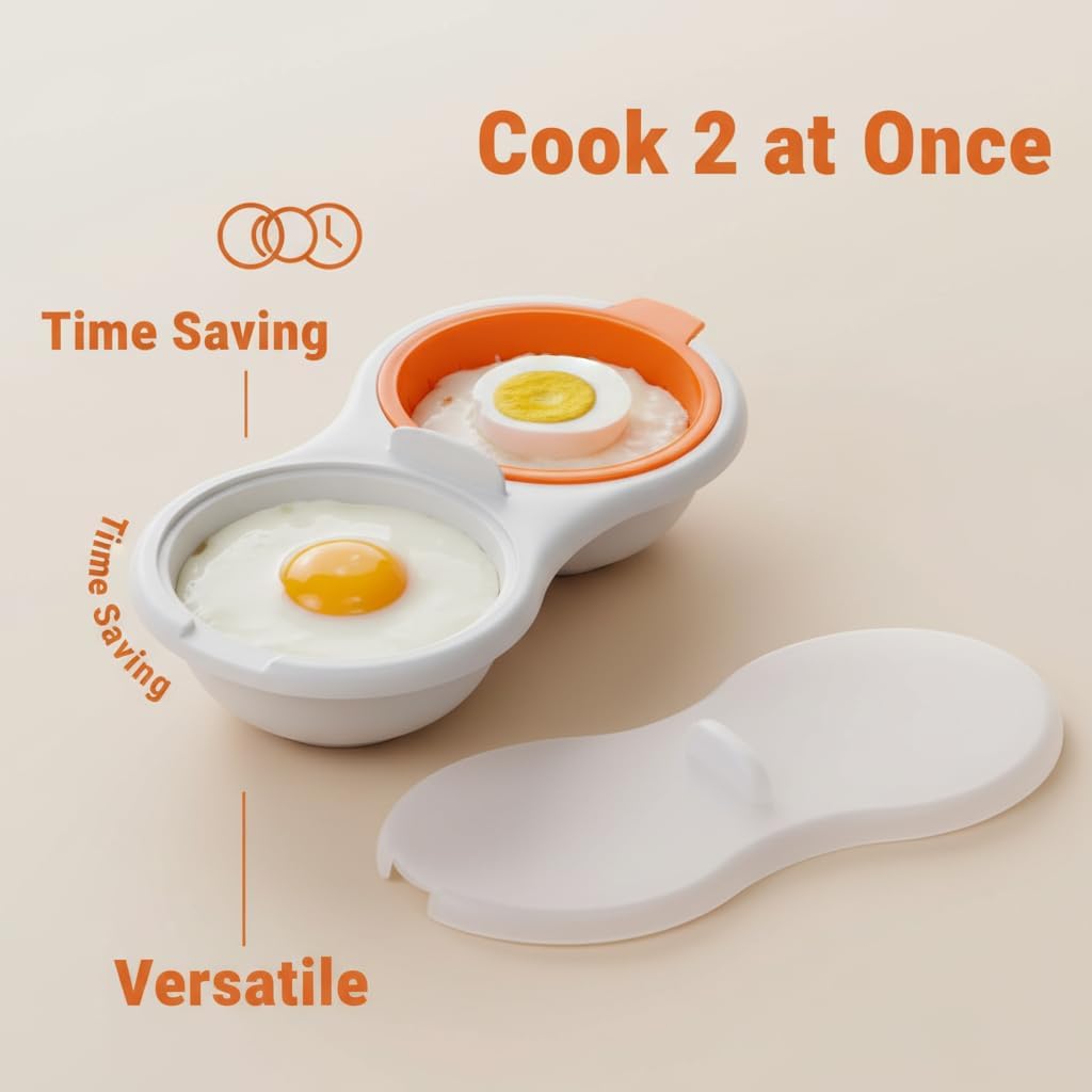 2 Cavity Microwave Egg Poacher, Microwavable Poached Egg Cooker with Lid & Handle Double Layer Microwave Egg Poacher Boiled Eggs Maker Poached Egg Cup for Breakfast with Oil Brush and Scraper (Yellow)