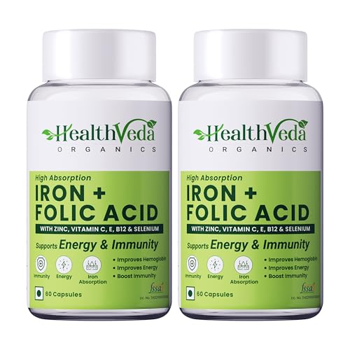 Image of HEALTH VEDA ORGANICS PRIVATE LIMITED Chelated Iron Folic Acid with Zinc, Vitamin C & B12, Zinc & Spinach leaves, Supports Hemoglobin Production, Boost Immunity & Maintains Iron Level (120 Capsules)