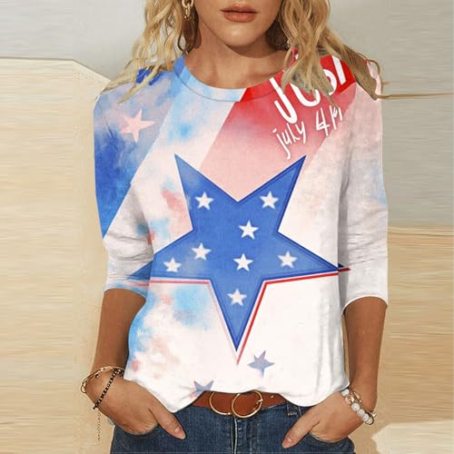 Image of Fourth of July Shirts for Women 3 /4 Sleeve Summer Tops American Flag Print T Shirt Patriotic 4th of July Shirts 2025