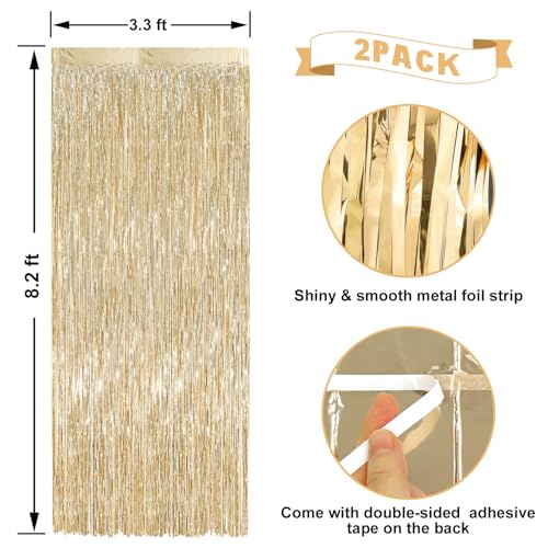 Image of 2 Pack Champagne Gold Foil Fringe Curtains Streamers Party Decorations 3.3 x 8.2 ft, Tinsel Curtain Fringe Backdrop for Parties, Door Fringe Birthday Streamers, Photo Booth Backdrops, Party Decor
