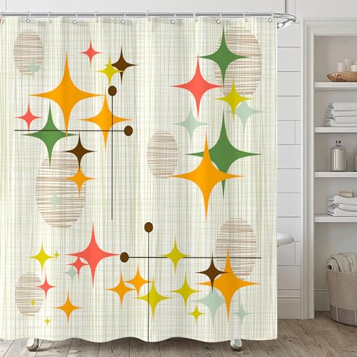 Zussun Mid Century Modern Shower Curtain Retro Stars Shower Curtains for Bathroom Abstract Vintage Boho Art Waterproof Fabric Bath Curtain Decor with Hooks (Yellow1 72 x 72)