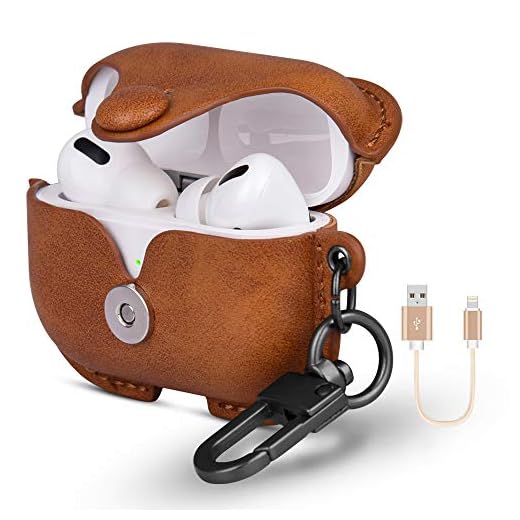 Genuine Leather Case AirPods Pro Case, for Apple AirPods Pro Wireless Charging Case Soft Leather Cover with Keychain Hook [Front LED Visible]