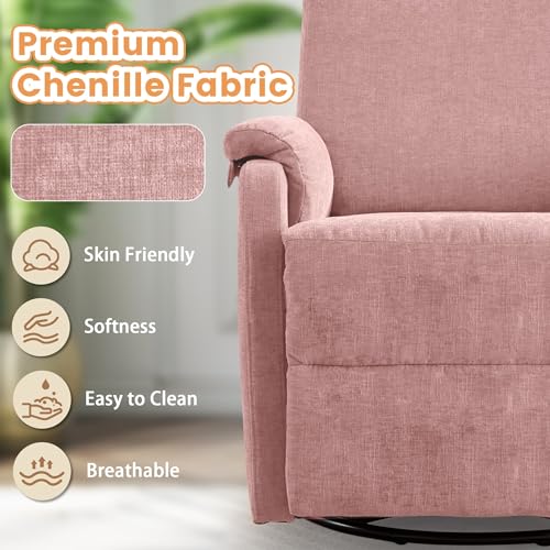 Image of Korser Recliner Chair, Swivel Rocking Recliner Chair for Adults, Glider Rocking Chair, Small Nursery Chair Recliner for Living Room, Reclining Chair with Modern-Designed Armrests, Chenille, Pink