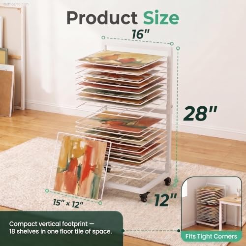 Image of OFFICEROO Art Drying Rack for Classroom & Preschool - 18-Shelf Mobile Paint Drying Rack, Canvas & Paper Drying Rack for Art Storage (White)