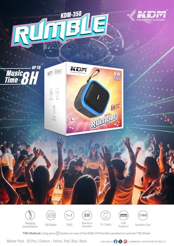 Image of KDM 350 Rumble Portable Bluetooth Speaker, 8W Output,Green Trim, 8 Hours Playtime, FM Radio, TWS Support, Type-C Charging