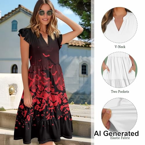 Image of Womens Summer Dress Ruffle Sleeve V Neck Dress Casual Fit Flowy Beach Vacation Sundress with Pocket S-2XL