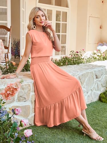Image of Kikibell Womens Summer Dresses Cap Sleeve Elastic Waist Midi Dress with Pocket Long Causal Sundress Beach Vacation Outfits