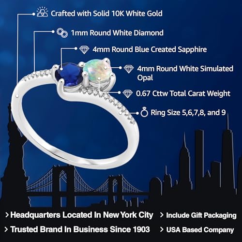 Gem Stone King 10K White Gold White Simulated Opal Blue Created Sapphire and Diamond Engagement Ring For Women (0.67 Cttw, Avaiable in Size 5,6,7,8,9)2