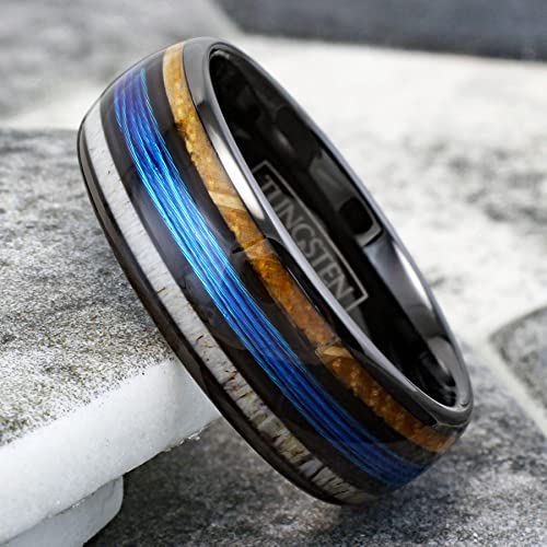 Stunning Unique 6mm/8mm Polished Black Tungsten Carbide Low Dome Band Ring with Fishing Line Between Whiskey Barrel Oak Wood and Deer Antler Inlays.2