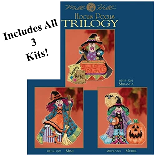 Image of Hocus Pocus Trilogy Mill Hill Beaded Cross Stitch Kits, Set of 3 - Miranda, Mimi and Muriel Plus Decorative 'Needleworker' Sticker