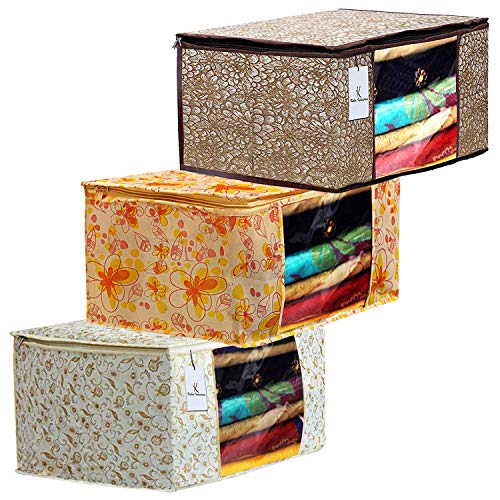 Kuber Industries Metalic Printed 3 Piece Non Woven Fabric Saree Cover Set with Transparent Window, Extra Large, Brown & Golden Brown & Ivory Red -CTKTC040798