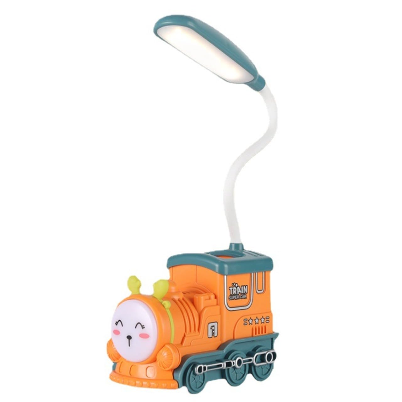 Cute Kids Cartoon Design USB Rechargeable Train Engine Shape LED Desk Lamp Pen Holder Eye Protection Lighting Study Table Lamp 360° Flexible Neck Night Light for Home & Office (Random Color)-image-8