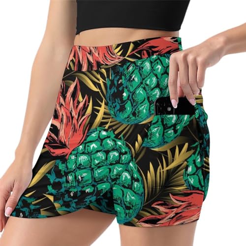 Jupe short de sport femme Ananas Vert anti-frottement avec poche pratique