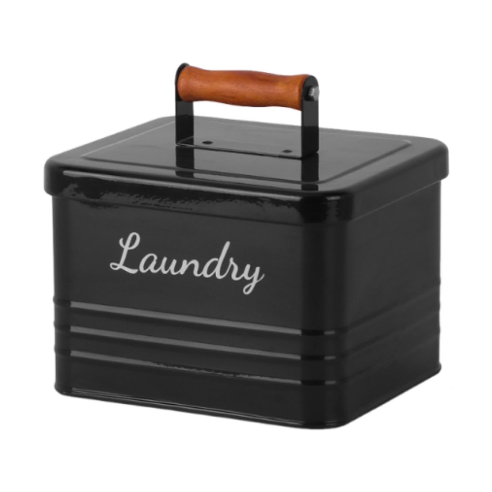 Qianly Wäschereischalen Lagerbehälter Waschkapsel Halter Eisenlagerbox Holzgriff für Zuhause, Schwarz