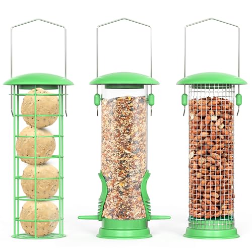 Pack of 3 Metal Bird Feeder, Hanging Station Fat Ball Bird Feeder with Steel Hook for Garden, Backyard, Lawn, Set of Tube, Dense Mesh, Coarse Mesh Wild Bird Feeders for Mix Seed Blends
