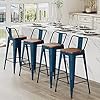 Andeworld bar stools set of 4 counter height stools industrial metal barstools with wooden seats24 inch distressed navy  urban country home decor