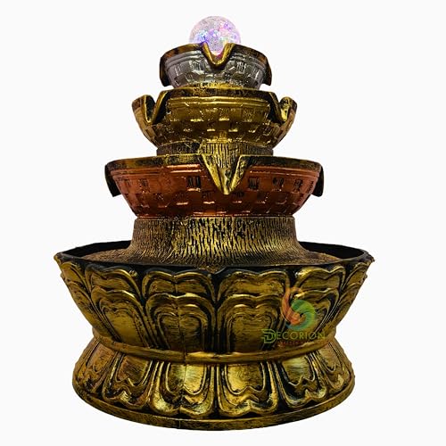 Image of Golden Table Top Water Fountain for Home Decor /Office /Indoor & Outdoor /Garden /Puja Room /Vaastu with Multicolor LED Light and Adjustable Water Pump (Round Golden Fountain D-068)