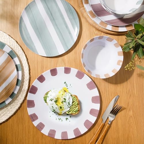 Gibson Home Cottage Stripes 12 Piece Unbreakable Melamine Plates and Bowls Dinnerware Set - Outdoor, Camping, & Everyday Use - Assorted Colors by Gibson Home - Image 3