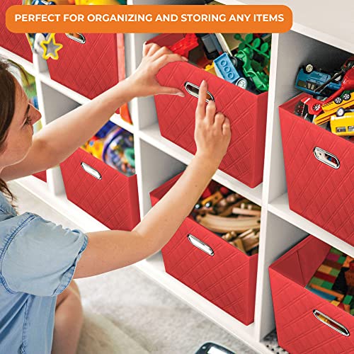 Jiaessentials Medium 12-Inch Red Foldable Diamond Patterned Faux Leather Storage Cube Bins Set Of Four With Handles With Dual Handles For Living Room, Bedroom And Office Storage #TOP5