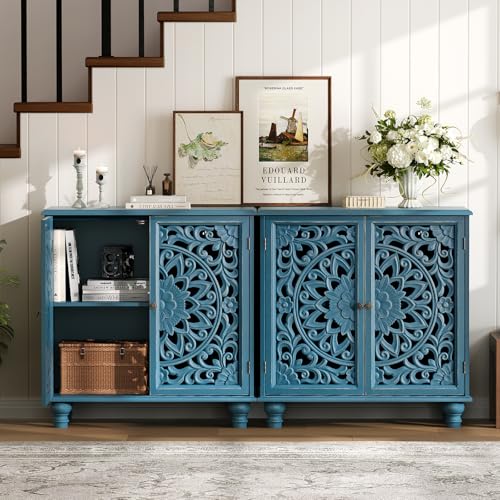 Image of Accent Cabinet with Doors, Decorative Storage Cabinet with Adjustable Shelf, Carved Sideboard Buffet with Solid Wood Legs for Living Room, Entryway, Kitchen, Hallway, Blue