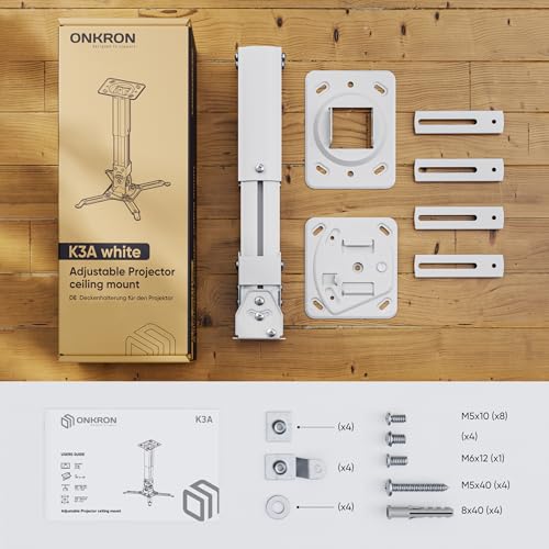 ONKRON Beamer Deckenhalterung für Projektoren bis 10 kg, Wandhalterung schwenkbar neigbar, universal Beamer Halterung Decke Wand, Projektor Halter höhenverstellbar, für Heimkino, Büro Weiß K3A-W