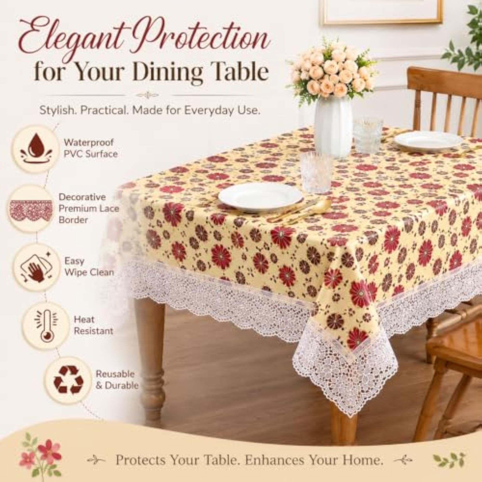 6 Seater Dining Table Cover, Waterproof PVC Table Cloth