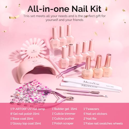Image of MelodySusie Gel Nail Polish Kit with UV Light P-ART06F- Popular Color Gel with Builder and Baser &Glossy Top Coat Soak Off Includes Nail Art Tools Nail Art Gift for Women & Girls