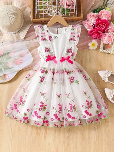 Image of Tagas Girls' Knee-Length Dress|Elegant Floral Embroidered Baby Girl Party Dress with Bow|Soft Net Layered Frock for Birthday, Wedding & Festive Occasions|Comfortable & Stylish