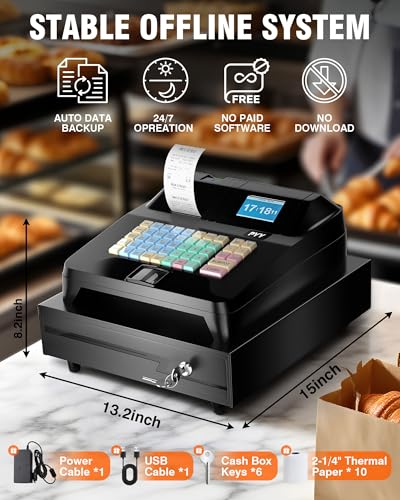 Image of PYY Cash Register for Small Businesses - Electronic Commercial Caja Registradora para Negocio with Locked Cash Drawer Box, 8 Digital Dual Display, 48 Keys, Cashing System Restaurant Supermarket