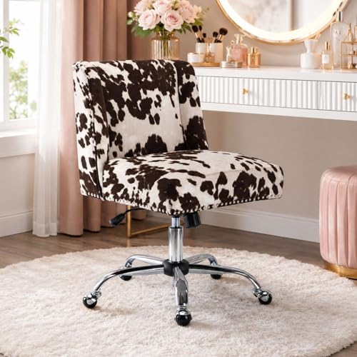 DM Furniture Cow Print Desk Chair Swivel Vanity Desk Chair with Wheels Upholstered Armless Home Office Chair for Bedroom Makeup Desk Living Room