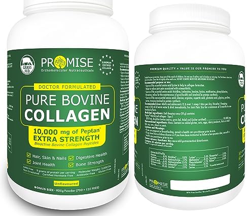 825gm (29oz) Hydrolyzed Bovine Collagen Peptides Protein featuring 10,000 mg of Peptan, Better Absorption, Grass Fed, Extra Strength. For Skin, Nails, Bones and Joints, Non GMO, Unflavoured