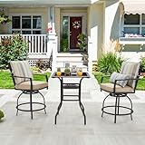 LOKATSE HOME 3 Piece Bistro Table Set Outdoor Bar Height, Outdoor Swivel Bar Sets with 2 Patio Bar Chairs and 1 Glass Top Patio Table