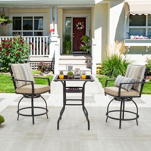 LOKATSE HOME 3 Piece Bistro Table Set Outdoor Bar Height, Outdoor Swivel Bar Sets with 2 Patio Bar Chairs and 1 Glass Top Patio Table