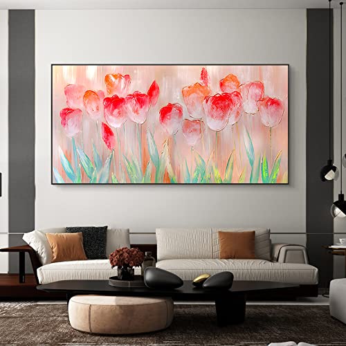 Peinture à l’huile de tulipes vintage peinte à la main en relief grand format