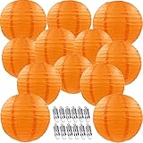 12pcs Orange Paper Lanterns with 12pcs White LED Lights, 6' 8' 10' 12' Round Hanging Chinese/Japanese Ball Lantern for Wedding Anniversary Birthday Party Decorations