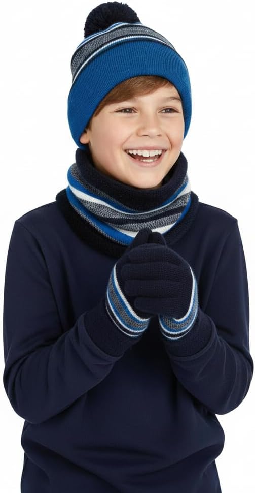 A2Z 4 Kids Boys Hat Scarf Gloves Set Knitted Scarf Beanie Pom Pom Cap Gloves Set Durable Cozy Accessories Sets