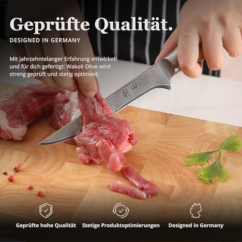 Foto von Wakoli Olive Ausbeinmesser aus echtem Damaststahl (VG10 Kern) mit 14,5 cm Klinge – Scharf und ergonomisch – Damastmesser mit Olivenholzgriff in Geschenkbox – Damast Filetiermesser für Fisch & Fleisch