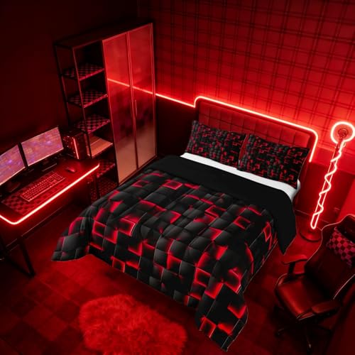 Image of Erosebridal Boys Red and Black Comforter Set King Geometric Checkered Kids Bedding Set Teen Men Gaming Room Decor,Abstract Ombre Plaid Comforter Grids Quilt Duvet