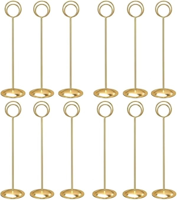 HOHIYA 12 Pack Gold Table Number Holders 12 Inch Metal Place Card Holders for Wedding Reception Table Numbers Photo Menu Display Sturdy Steel Base,Elegant Party & Restaurant Decor by HOHIYA - Used condition - US$18.72