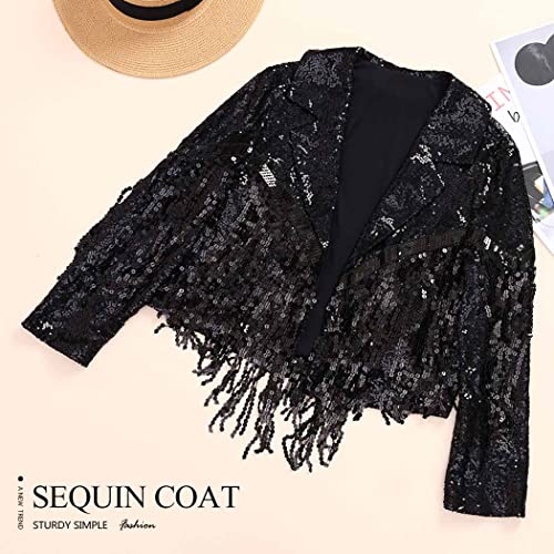 Evild Women’s Sequins Party Bomber Jackets Long Sleeve Glitter Jacket Tassel Sparky Open Front Bomber Blazers Sparky Cocktail Black #TOP1