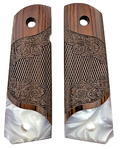 Premium Grips Compatible Replacement for 1911 'Gentleman Grips' Colt Full Size Carved Rosewood Grips w/Faux Pearl Accent Plus Gold Screws - Premium Gun Grips