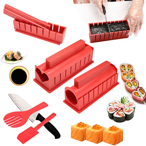 Sushi Making Kit, DIY Sushi Making Kit for Beginners, Sushi Making Kit Deluxe Edition 11 Piece, Sushi Maker Tool with Different Shapes of Sushi Rice Roll Mold, Fork Spatula Homemade Sushi Tools (Red)